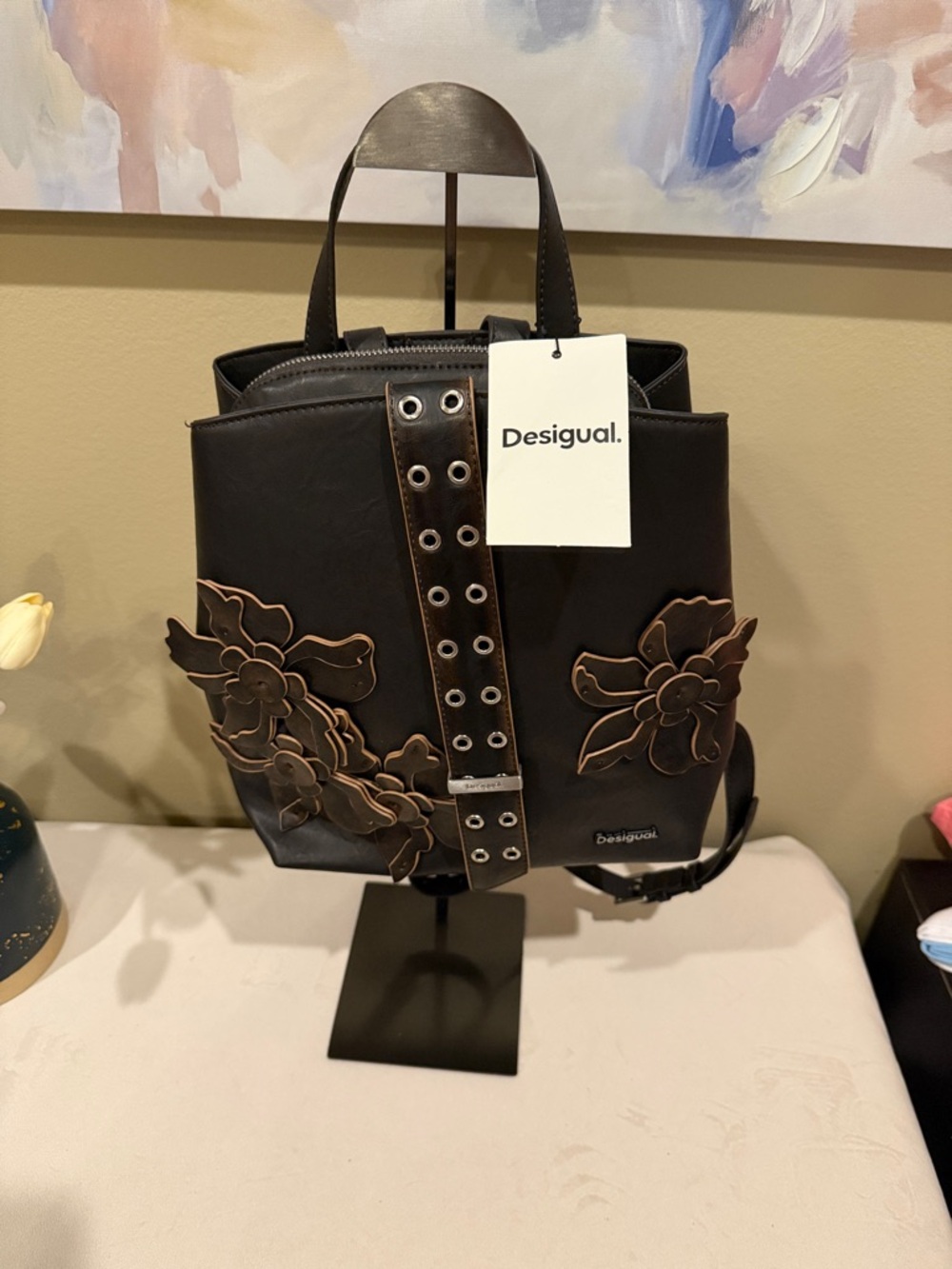 Desigual Brown Backpack with Brown Floral Appliqué